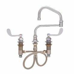 Fisher 59390 Deck Mounted Stainless Steel Faucet With Widespread Deck, 13" Double-Jointed Swing Nozzle, 2.2 GPM Aerator, And Wrist Handles