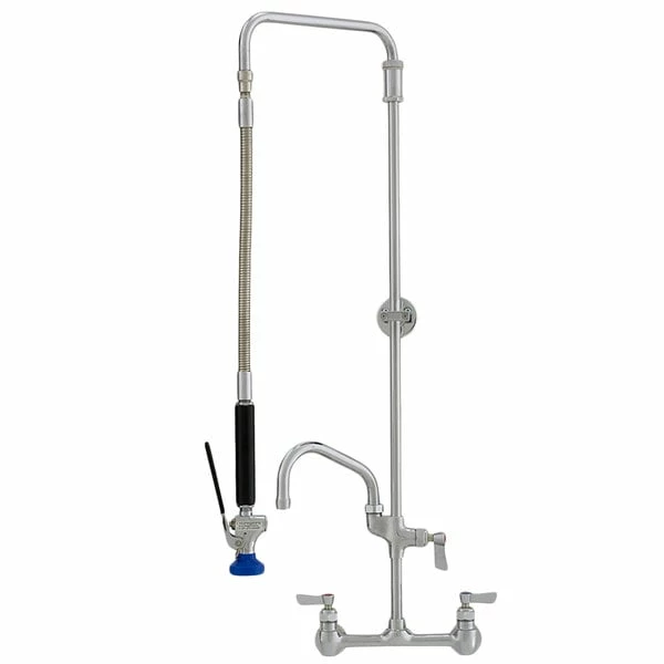 Fisher 37044 Backsplash Mounted Stainless Steel Pre-Rinse Faucet With 8" Centers, Swivel Arm, 15" Hose, 16" Add-On Faucet, And Wall Bracket