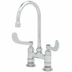 T&S Brass And Bronze Works T&S B-0325-NPL Deck Mount Double Pantry Mixing Faucet With 4" Adjustable Centers, 5 1/2" Gooseneck Spout, Eterna Cartridges, And B-0425 Supply Kits