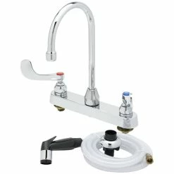 T&S Brass And Bronze Works T&S B-1172-07-WH4 Deck Mount Workboard Faucet With 8" Centers, 5 3/4" Gooseneck Spout, 4" Wrist Action Handles, And Sidespray