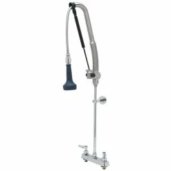 T&S Brass And Bronze Works T&S B-5120-CR-B8P 40 13/16" High Deck Mounted DuraPull Pre-Rinse Faucet 8" Workboard Centers, 30" Hose, 1.07 GPM Spray Valve, And Wall Bracket
