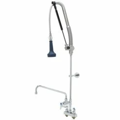 T&S Brass And Bronze Works T&S B-5110-12-CRB8P 45 3/16" High Deck Mounted DuraPull Pre-Rinse Faucet 4" Workboard Centers, 30" Hose, 1.07 GPM Spray Valve, 12" Add-On Faucet, And Wall Bracket
