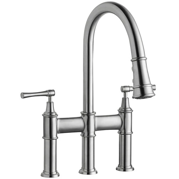 Elkay LKEC2037LS Explore Deck Mount Lustrous Steel Bridge Faucet With Pull-Down Spray Head And Lever Handles