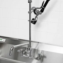 T&S Brass And Bronze Works Equip By T&S 5PR-8W12-C Wall Mounted 35 11/16" High Pre-Rinse Faucet With 8" Adjustable Centers, 1.2 GPM Spray Valve, 44" Hose, 12" Add-On Faucet, And 6" Wall Bracket