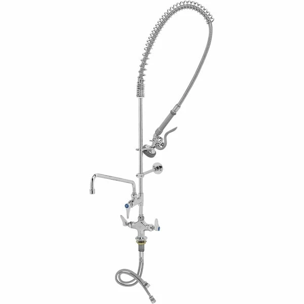 T&S Brass And Bronze Works T&S B-0113-ADF12-B EasyInstall Deck Mounted 49 1/2" High Pre-Rinse Faucet With Flex Inlets, 44" Hose, 12" Add-On Faucet, And Wall Bracket