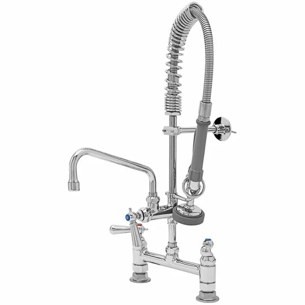 T&S Brass And Bronze Works T&S MPZ-8DCN-08 EasyInstall Deck Mounted 24 9/16" High Mini Pre-Rinse Faucet With Adjustable 8" Centers, Club Handles, 24" Hose, 8" Add-On Faucet, And 6" Wall Bracket