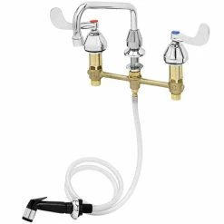 T&S Brass And Bronze Works T&S B-2347-02-WH4CR Easy Install Deck Mount Faucet With 8" Centers, 8" Swing Nozzle, 4" Wrist Action Handles, Cerama Cartridges, And Sidespray