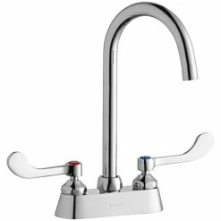 Elkay LK406LGN05T4 Deck Mount Laminar Flow Faucet With 4" Centers, 5" Gooseneck Swing Spout, And 4" Wristblade Handles