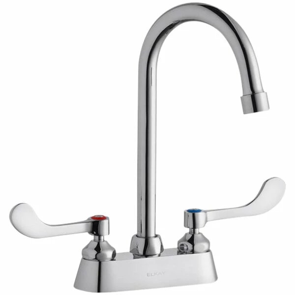 Elkay LK406GN05T4 Deck Mount Faucet With 4" Centers, 5" Gooseneck Swing Spout, 1.5 GPM Aerator, And 4" Wristblade Handles