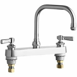 Chicago Faucet Company Chicago Faucets 527-XKABCP Deck-Mounted Faucet With 8" Fixed Centers, 6 1/4" Rigid / Swing Double-Bend Spout, And Ceramic Operating Cartridges