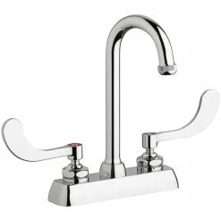 Chicago Faucet Company Chicago Faucets W4D-GN1AE1-317ABCP Deck-Mounted Faucet With 4" Fixed Centers, 3 1/2" Rigid / Swing Gooseneck Spout, And 4" Wristblade Handles