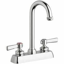 Chicago Faucet Company Chicago Faucets W4D-GN1AE1-369ABCP Deck-Mounted Faucet With 4" Fixed Centers, 3 1/2" Rigid / Swing Gooseneck Spout, And 2 3/8" Lever Handles
