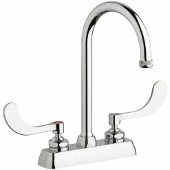 Chicago Faucet Company Chicago Faucets W4D-GN2AE1-317ABCP Deck-Mounted Faucet With 4" Fixed Centers, 5 1/4" Rigid / Swing Gooseneck Spout, And 4" Wristblade Handles