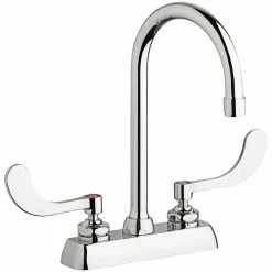 Chicago Faucet Company Chicago Faucets W4D-GN2AE35-317AB 1.5 GPM Deck-Mounted Faucet With 4" Fixed Centers, 5 1/4" Rigid / Swing Gooseneck Spout, And 4" Wristblade Handles