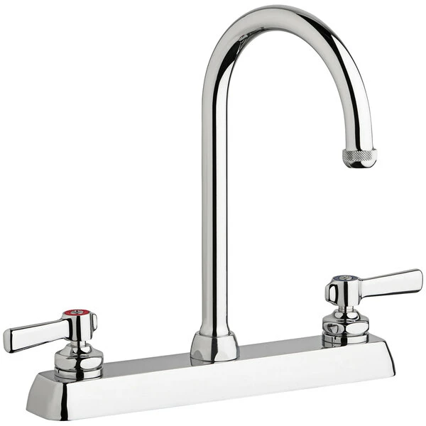 Chicago Faucet Company Chicago Faucets W8D-GN2AE1-369ABCP Deck-Mounted Faucet With 8" Fixed Centers, 5 1/4" Rigid / Swing Gooseneck Spout, And Quixtop Outlet