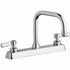 Chicago Faucet Company Chicago Faucets W8D-DB6AE1-369ABCP Deck-Mounted Faucet With 8" Fixed Centers, 6 1/4" Rigid / Swing Double-Bend Spout, And Quixtop Outlet