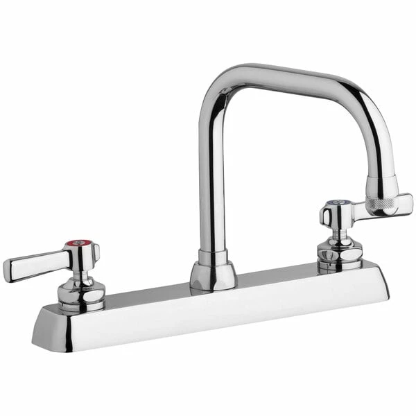 Chicago Faucet Company Chicago Faucets W8D-DB6AE1-369ABCP Deck-Mounted Faucet With 8" Fixed Centers, 6 1/4" Rigid / Swing Double-Bend Spout, And Quixtop Outlet
