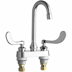 Chicago Faucet Company Chicago Faucets 895-317ABCP Deck-Mounted Faucet With 4" Centers And 3 1/2" Rigid / Swing Gooseneck Spout