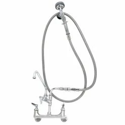 T&S Brass And Bronze Works T&S B-0175-03 Wall Mounted Pre-Rinse Faucet With Adjustable 8" Centers, Angled Spray Valve, 104" Hose, 12" Add-On Faucet, 90 Degree Swivel Adapter, Vacuum Breaker, And Wall Hook