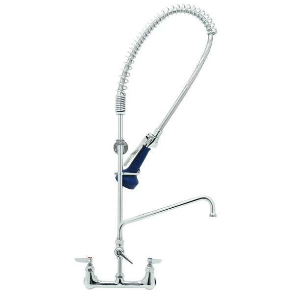 T&S Brass And Bronze Works T&S B-0133-16-B08EL EasyInstall Wall Mounted 41 1/2" High Pre-Rinse Faucet With Adjustable 8" Centers, Ergonomic Spray Valve, 44" Hose, 16" Add-On Faucet, Installation Kit, And 6" Wall Bracket