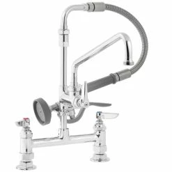 T&S Brass And Bronze Works T&S B-0175-05 Deck Mounted Pre-Rinse Faucet With Adjustable 8" Centers, Angled Spray Valve, 68" Hose, 8" Add-On Faucet, 90 Degree Swivel Adapter, And Wall Hook