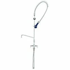 T&S Brass And Bronze Works T&S B-0113-A12-B08 EasyInstall Deck Mounted 46 1/4" High Pre-Rinse Faucet With Flex Inlets, Ergonomic Spray Valve, 44" Hose, 12" Add-On Faucet, And 6" Wall Bracket