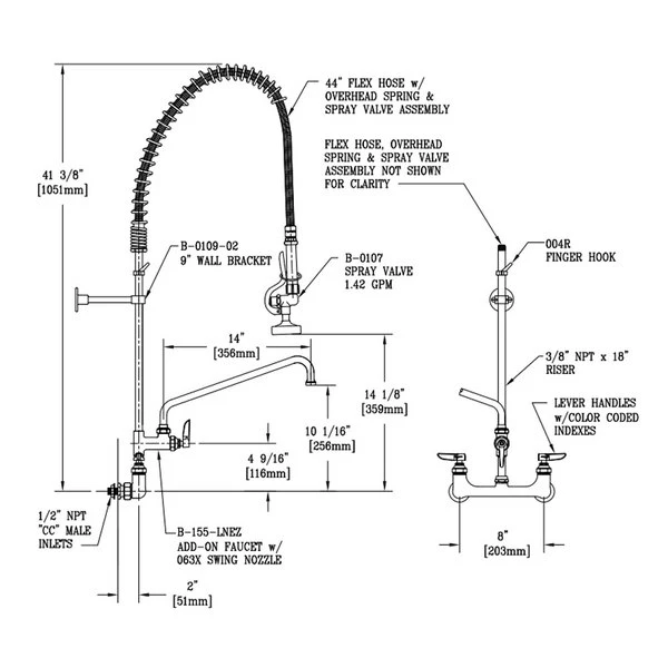 T&S Brass And Bronze Works T&S B-0133-01-44H EasyInstall Wall Mounted 37 1/2" High Pre-Rinse Faucet With Adjustable 8" Centers, 44" Hose, 14" Add-On Faucet, And 9" Wall Bracket - Image 2