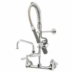 T&S Brass And Bronze Works T&S MPY-8WCV-08-CR EasyInstall Wall Mounted 21 1/4" High Mini Pre-Rinse Faucet With Adjustable 8" Centers, Low Flow Spray Valve, Club Handles, 24" Hose, 8" Add-On Faucet, Vacuum Breaker, And 6" Wall Bracket