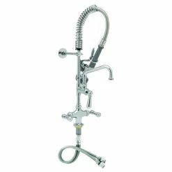 T&S Brass And Bronze Works T&S MPZ-2DCN-08 EasyInstall Deck Mounted 24 13/16" High Mini Pre-Rinse Faucet With Flex Inlets, Club Handles, 24" Hose, 8" Add-On Faucet, And 6" Wall Bracket