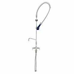 T&S Brass And Bronze Works T&S B-0113-A06-B08 EasyInstall Deck Mounted 46 1/4" High Pre-Rinse Faucet With Flex Inlets, Ergonomic Spray Valve, 44" Hose, 6" Add-On Faucet, And 6" Wall Bracket