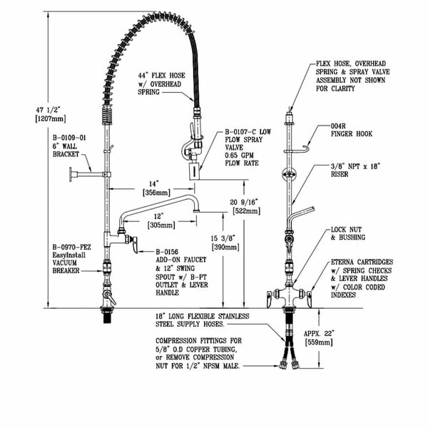 T&S Brass And Bronze Works T&S B-0113-A12-B08C EasyInstall Deck Mounted 46 1/4" High Pre-Rinse Faucet With Flex Inlets, Ergonomic Low Flow Spray Valve, 44" Hose, 12" Add-On Faucet, And 6" Wall Bracket - Image 2