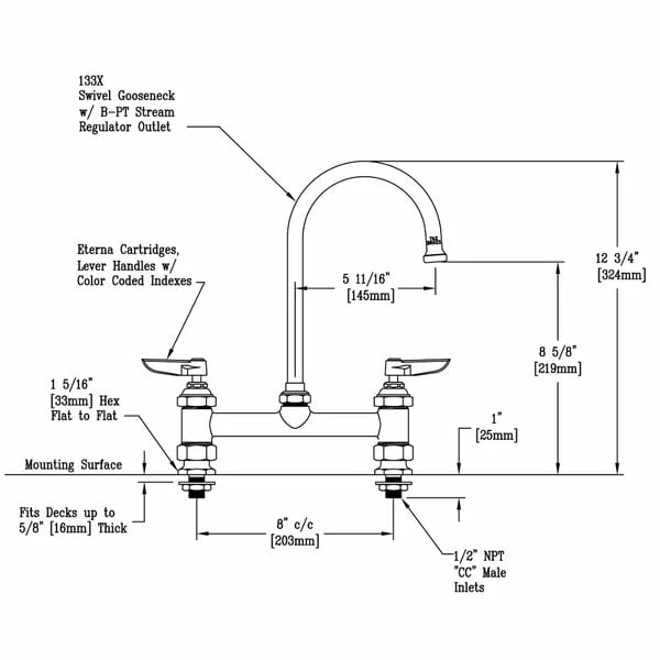 T&S Brass And Bronze Works T&S B-0321 Deck Mounted Faucet With 8" Adjustable Centers, 5 1/2" Gooseneck Nozzle, 18.39 GPM Stream Regulator Outlet, Eterna Cartridges, And Lever Handles - Image 2