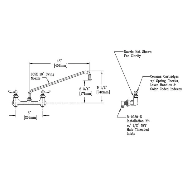 T&S Brass And Bronze Works T&S B-0230-CR-SC-EK Wall Mounted Faucet With 8" Centers, Cerama Cartridges, Spring Checks, And Installation Kit - Image 2