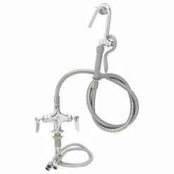 T&S Brass And Bronze Works T&S B-0300-WD Deck Mounted Pre-Rinse Faucet With Flex Inlets, Angled Low Flow Spray Valve, 60" Hose, Vacuum Breaker, And Wall Hook