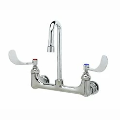 T&S Brass And Bronze Works T&S B-2443-F1-CR-SC 1 GPM Wall Mount Mixing Faucet With 8" Adjustable Centers, 2 7/8" Gooseneck, 4" Wrist Action Handles, Spring Checks, And Cerama Cartridges