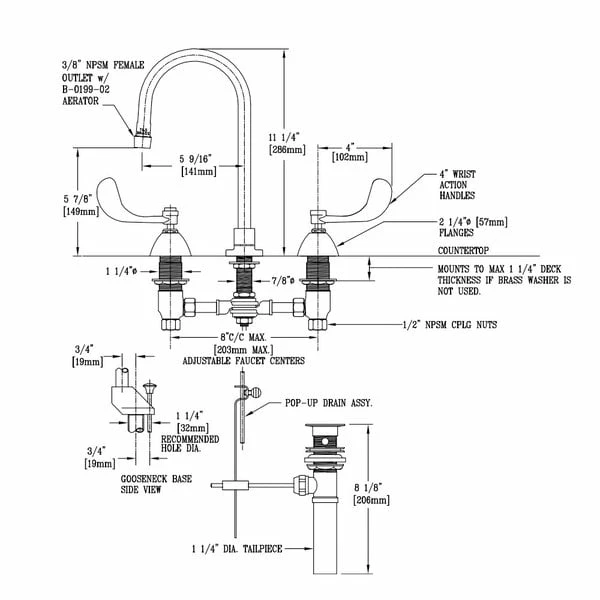 T&S Brass And Bronze Works T&S B-0869-04 Deck Mount Mixing Faucet With 8" Adjustable Centers, 5 9/16" Gooseneck, 4" Wrist Action Handles, And Pop Up Drain Assembly - Image 2