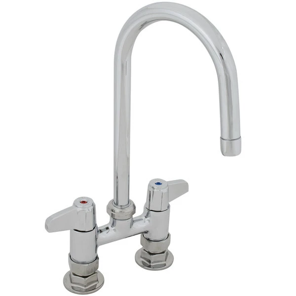 T&S Brass And Bronze Works Equip By T&S 5F-4DLX05 Deck Mounted Faucet With 5 9/16" Gooseneck Spout, 4" Centers, Laminar Flow Device, And Lever Handles