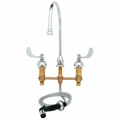 T&S Brass And Bronze Works T&S B-2347-04 Easy Install Deck Mount Faucet With 8" Centers, 8 3/4" Gooseneck, Stream Regulator, Eterna Cartridges, And Sidespray