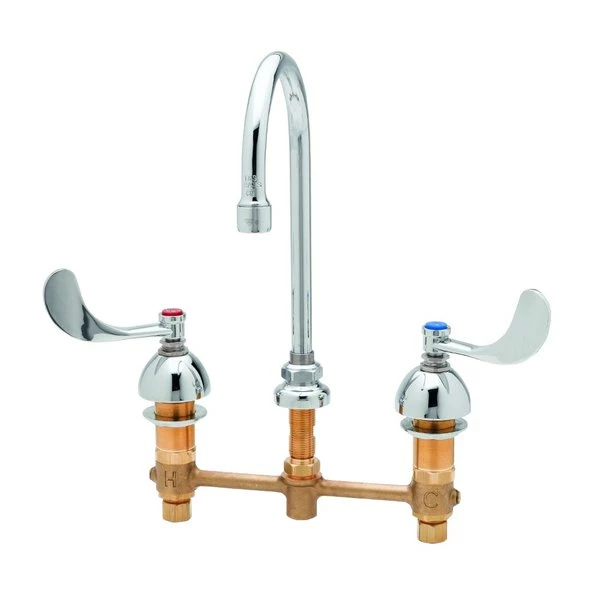 T&S Brass And Bronze Works T&S B-2862-LF16-WH4 Deck Mount Easy Install Faucet With 8" Centers, 8 3/4" Gooseneck, 4" Wrist Action Handles, And Quarter Turn Eterna Cartridges